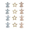 Přízdoba dřevěná - andělé a hvězdy, 3,7cm ø, 3,6x4cm, s lepítkem, 12ks